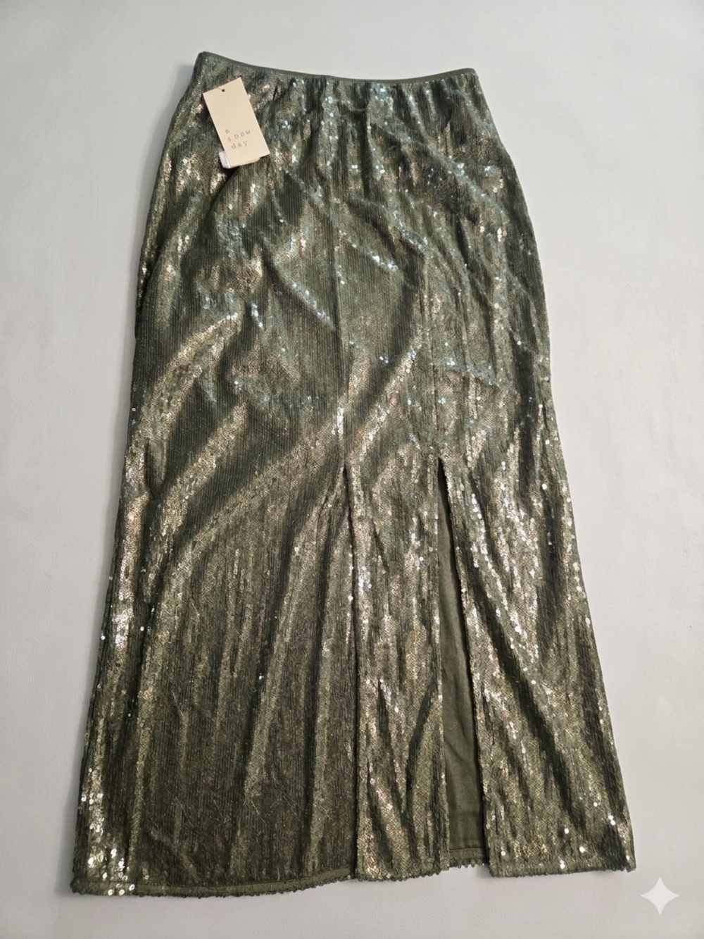 Sequined Olive Green Midi Skirt